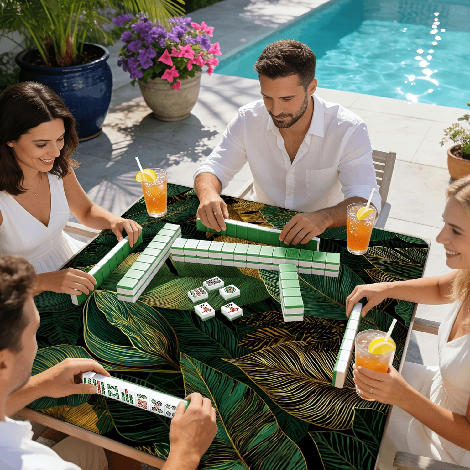 Mahjong Mat 31.5" x 31.5" golden green tropical leaves white Seamless Non-Slip Noise Reduction American Mahjong Tiles Table Cover for Dominoes Poker Card Board Games Gift