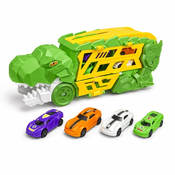 Dinosaur Truck Toy Car Carrier Race Track Playset with 4 Mini Cars, Push and Launch Vehicle Toy for Kids Ages 3