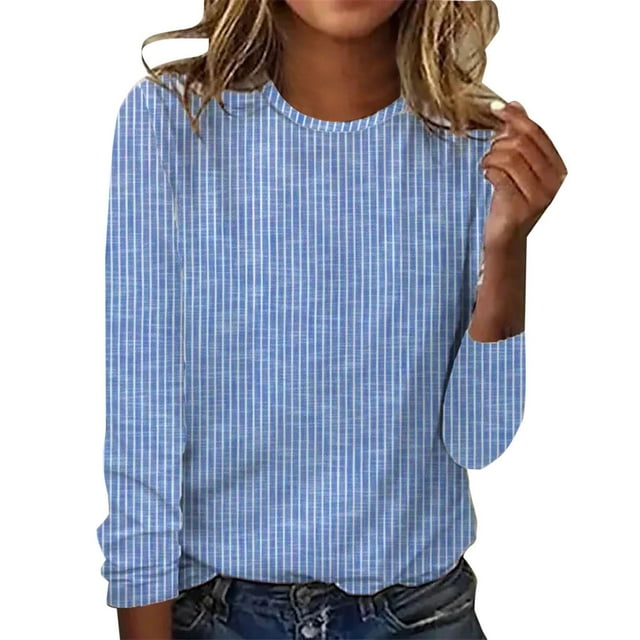 WTXUE T-Shirts Manches Longues, Col Rond pour Femmes Automne Hiver T-Shirt Rayé Décontracté Bleu/rayé m