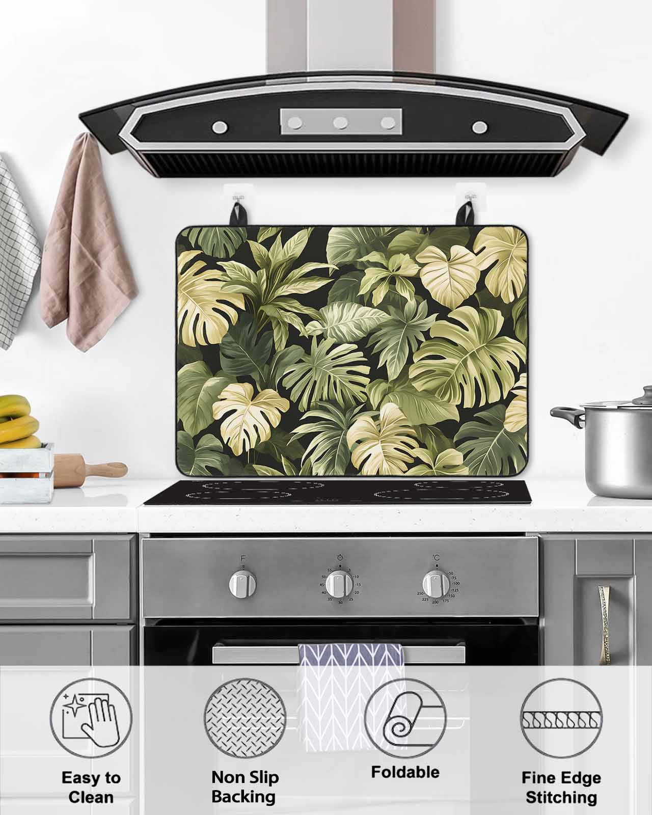 nqOlkjepod Large Induction Cooktop Protector Mat 24"x21", Summer Tropical Leaves Stove Top Covers for Electric Stove, Watercolor Botanical Plants Stove Burner Cover Mats, Glass Top Stove Cover