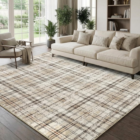 Modern Plaid Washable Rug 5x7FT Rug for Living Room Soft Large Area Rug for Bedroom Tartan Non Shedding Non Slip Throw Rugs Stain Resistant Carpet for Dining Room Nursery,Beige