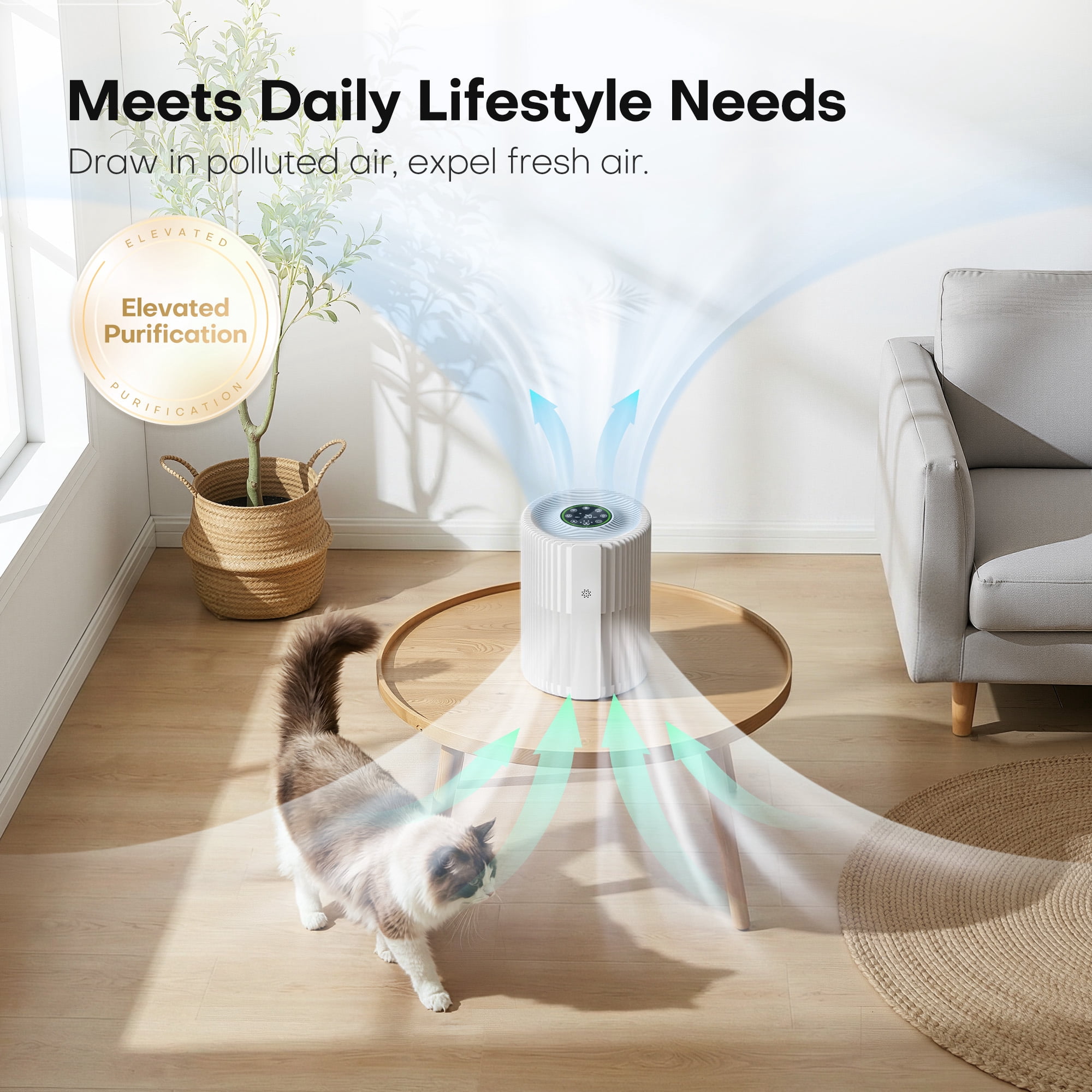 ALROCKET Air Purifier for Home, Smart WIFI, PM2.5 Digital Display, Auto Mode, 3-Layer Filter with 5 Speeds & Timer, Removes Wildfire Smoke, Dander, Dust, Pollen, Covers 600 ft²/2H