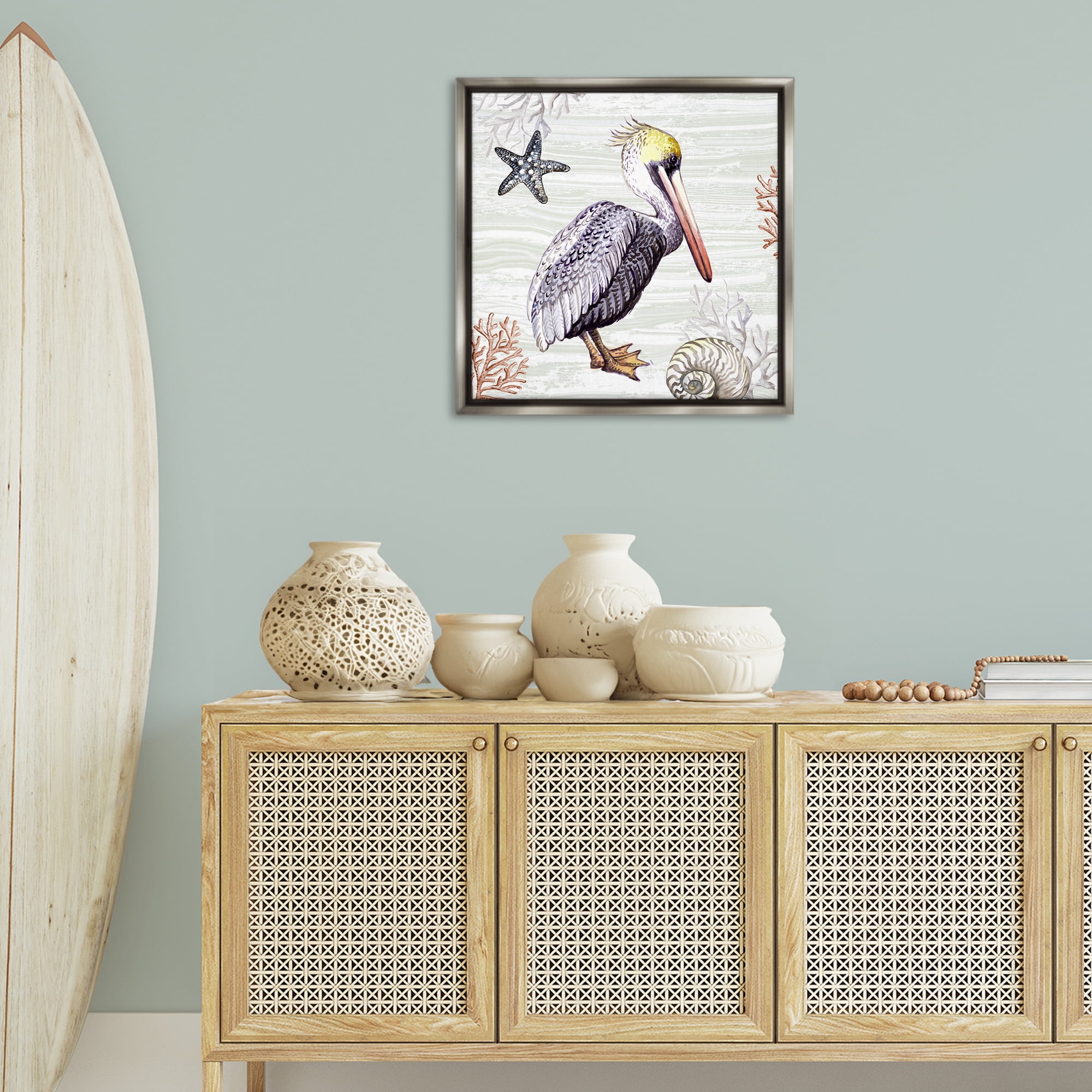Stupell Industries Beach Bird Pelican Animals Painting Gray Floater Framed Canvas Art Print Wall Art, 25 x 25