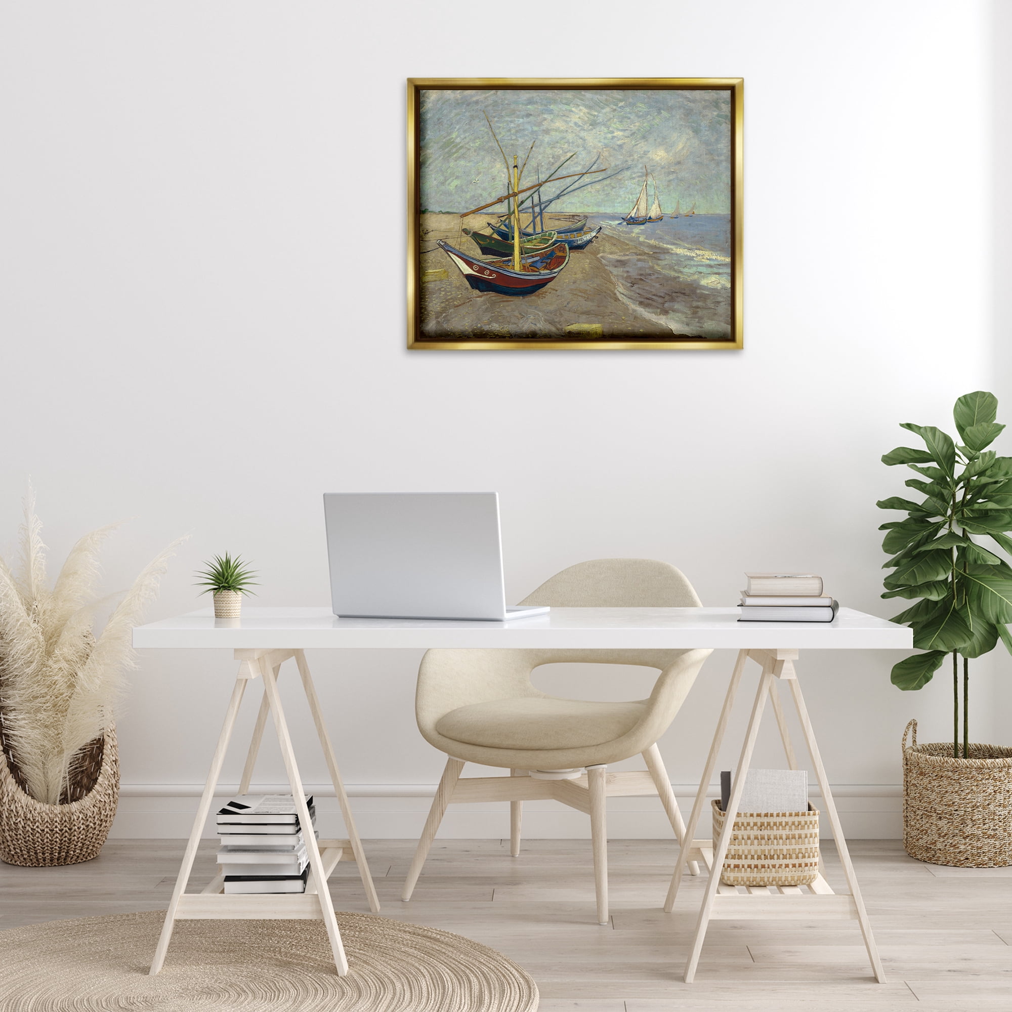 Stupell Industries Classic Fishing Boats on Beach Nautical & Beach Painting Gold Floater Framed Canvas Art Print Wall Art, 31 x 25
