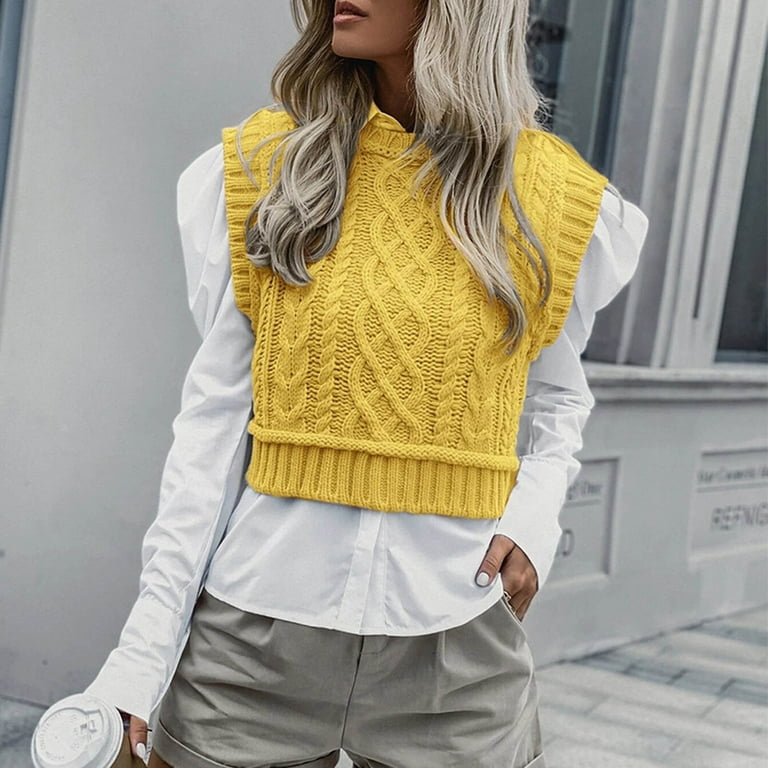 FITORON Women Sweater Vest- Fashion Cute Knitted Tops Solid Crew Neck  Pullover Sleeveless Leisure Top Tops Yellow