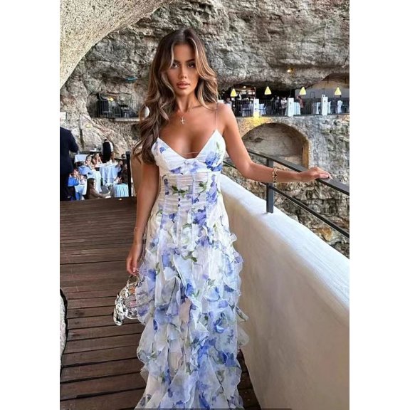 Off-shoulder fashionable chiffon floral print ethereal long evening dress
