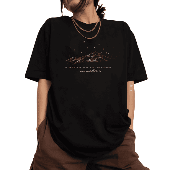 Beautiful Starry Mountain Worship Graphic Casual Tee T-Shirt Print Top Short Sleeve Round Neck Black S-5XL