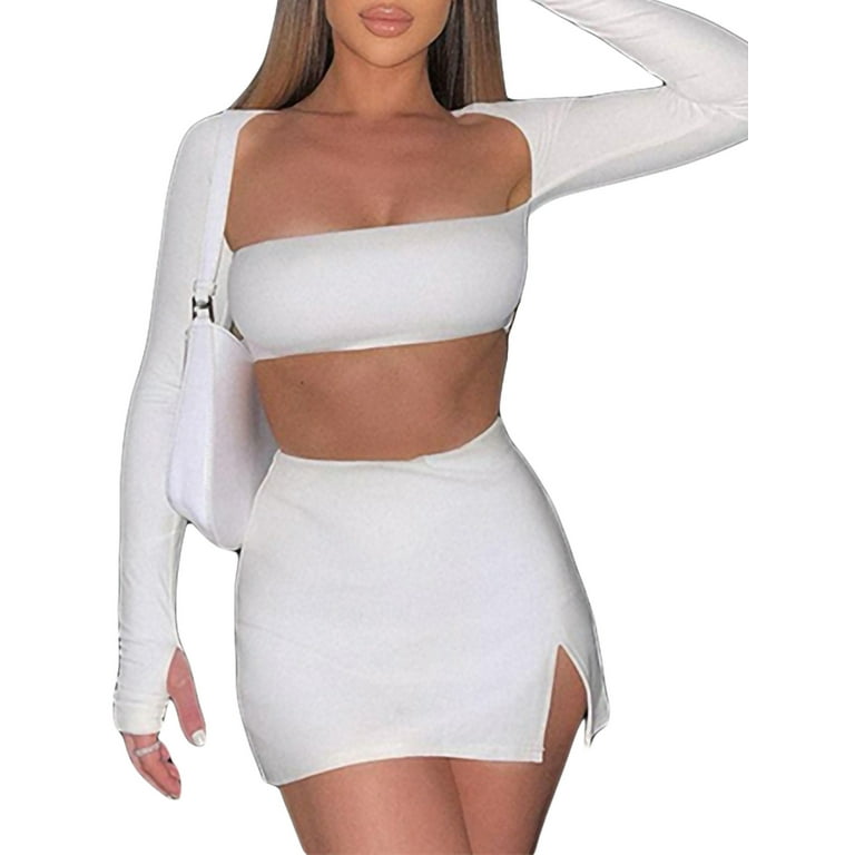 2 Piece Skirt Sets for Women Sexy Low Cut Strapless Crop Top Bodycon Mini Skirt Set Summer Outfits Clubwear Walmart