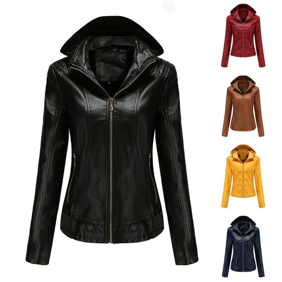 QATAINLAV Winter Leather Jacket for Women Slim Fit Moto Biker Jackets Casual Zip Up Inner Fleece Warm Coat with Hooded, Dark Blue, XXL