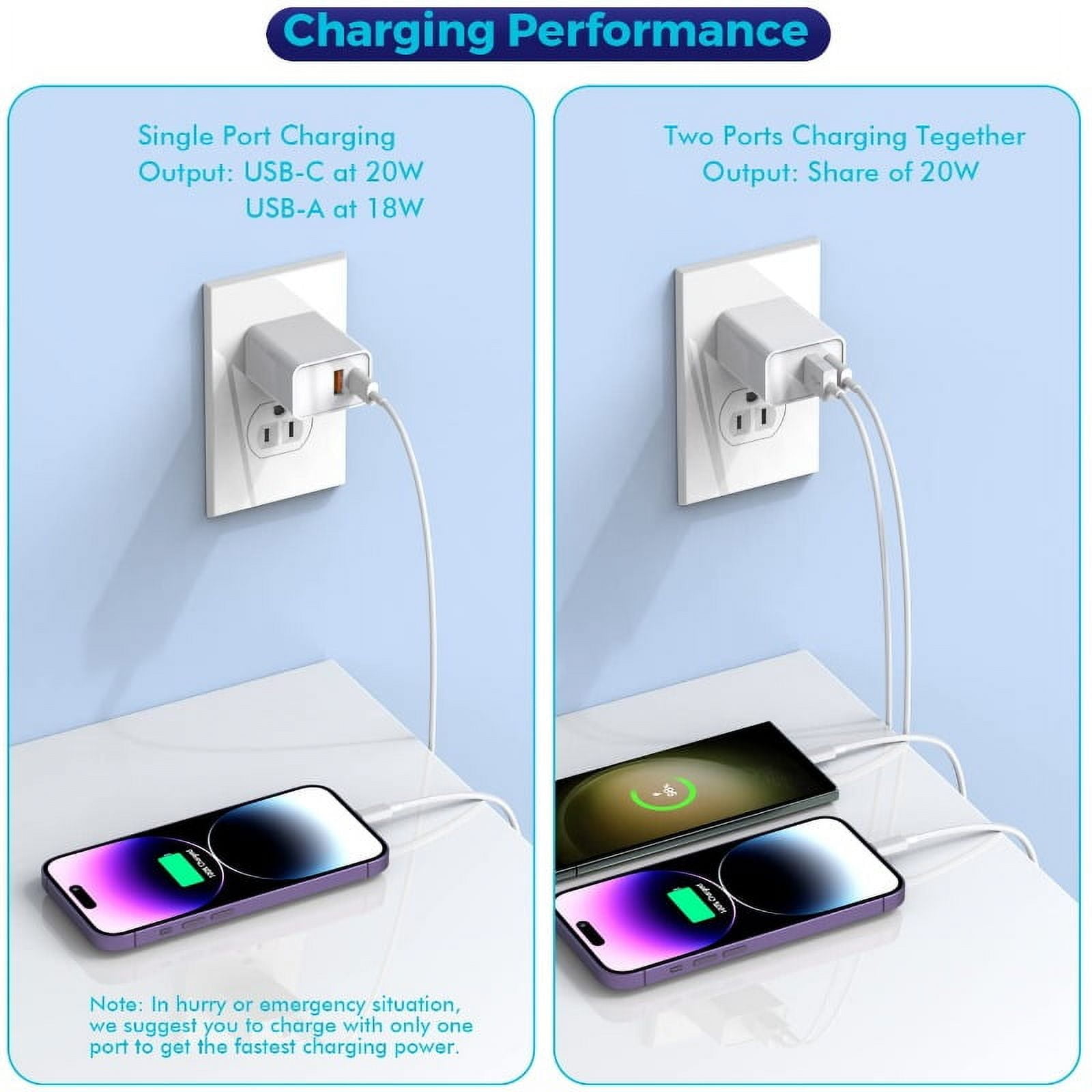 Charger Block, 2-Pack 20W Dual Port PD Fast USB C Wall Charger Adapter + USB A Fast Charging Brick Plug, Compatible with 15/14/13/12/11/Pro Max/Plus/XS/XR/X, IPad, AirPods, Etc