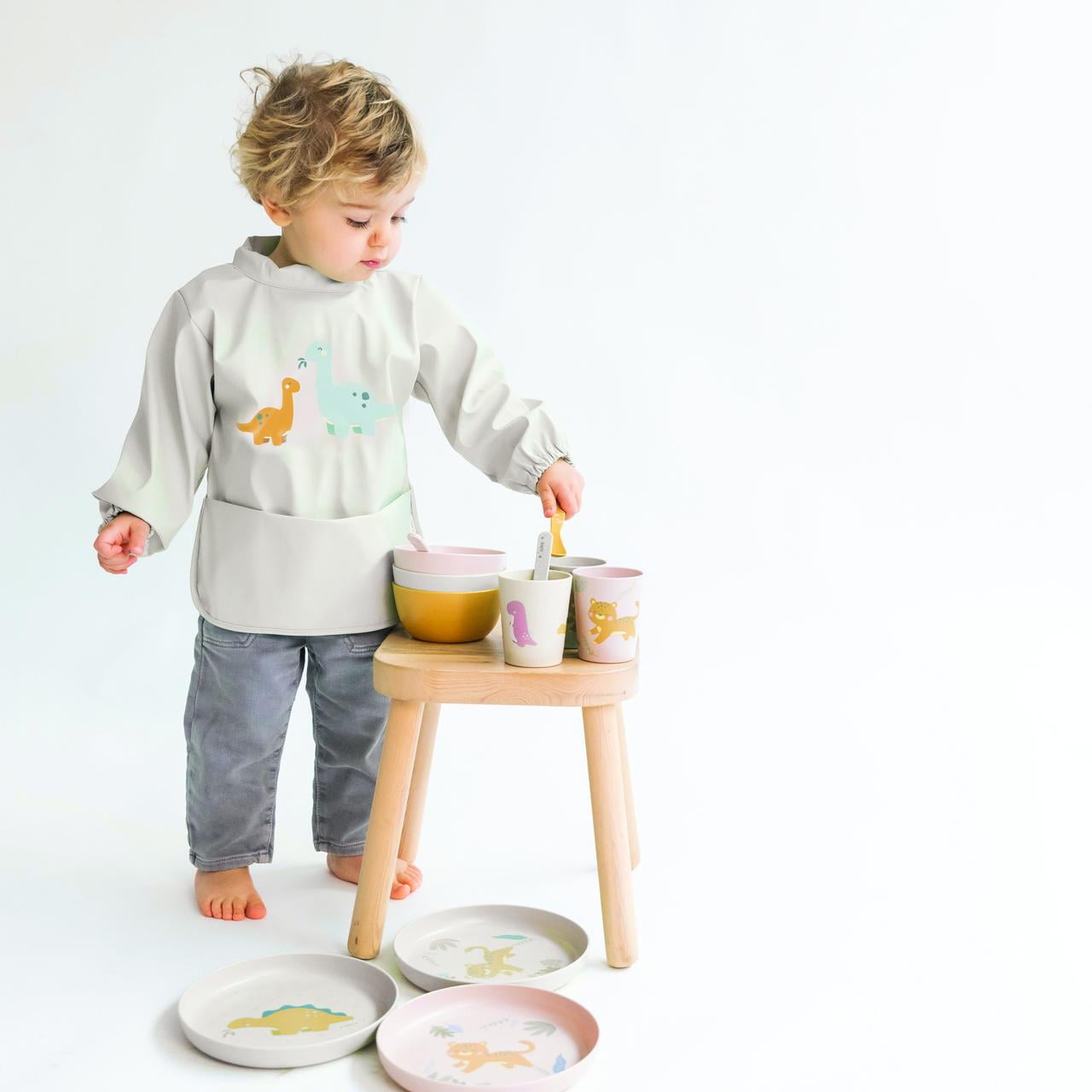 SARO Wild Dino Long Sleeve Waterproof Bib for Toddlers - Full Coverage for Messy Eating & Sensory Play