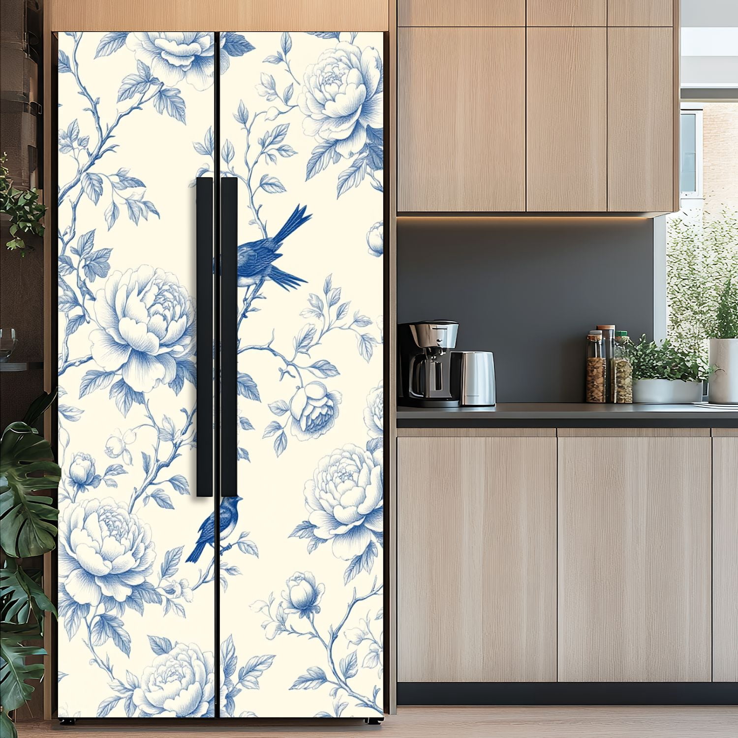 Self Adhesive Vinyl Refrigerator Wrap Set Blue Birds Blossoms Vintage Floral Door Mural Removable Fridge Sticker Peel and Stick&nbsp;Full Door Cover Decal Kitchen Bar Decor