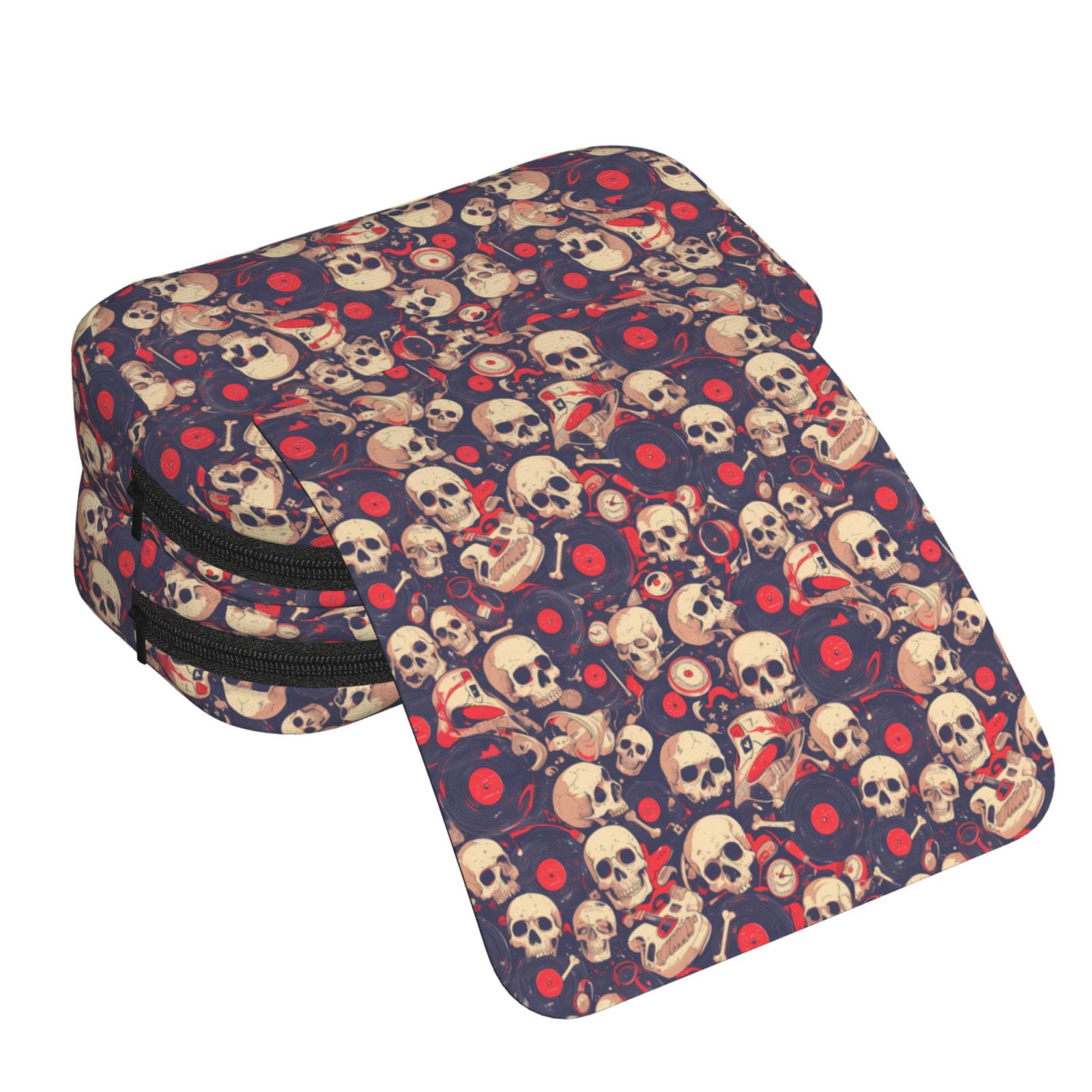 Rateoe Skull rock music record Pattern Double Clamshell Pen Case, Storage Organizer with Two Zipper Compartments– Holds Up to 50 Pencils & Pens