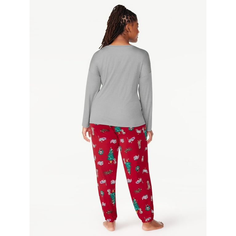 Joyspun Women's Long Sleeve Tee and Joggers, 2-Piece Pajama Set