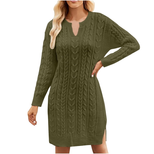 QUYUON Wedding Guest Dresses for Women Formal Clearance Twisted Flower Mid Length Knitted Split Loose Pullover Sweater Dress Mini Dresses V-Neck Long Sleeve Knee Length Sun Dress Style Y113 XL