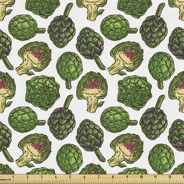 Artichoke Fabric by the Yard Upholstery, Hand Drawn Healthy Foods in Various Forms Organic Natural Gourmet Art Print, Decorative Fabric for DIY and Home Accents, 2 Yards, Fern Green by Ambesonne