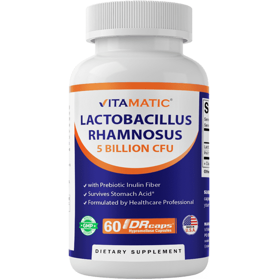Vitamatic Lactobacillus Rhamnosus 5 Billion per DR Capsule (10 Billion Per 2 Capsules) - 60 Count - Advanced Digestive & Immune Support - Made with Prebiotic Inulin Fiber