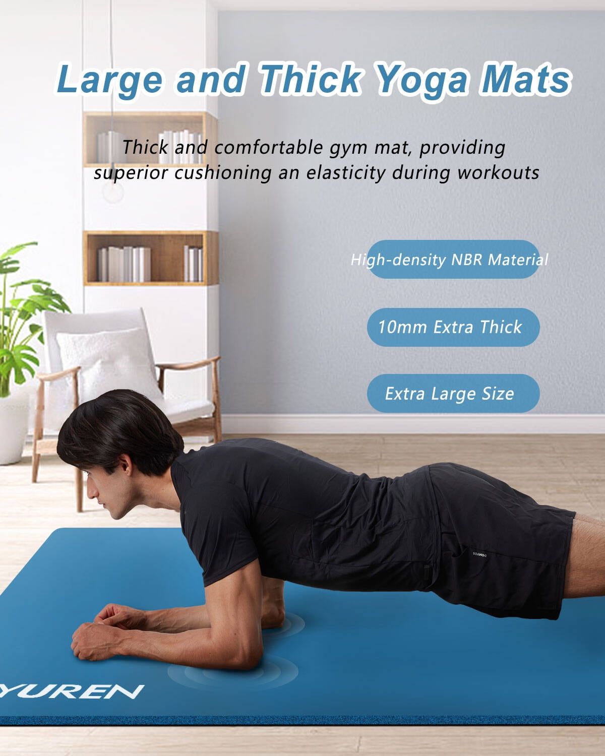 YR XL Yoga Mat 78"x35" Wide NBR Exercise Workout Mats for Home Gym Floor Fitness Pad, 10mm Thick Blue