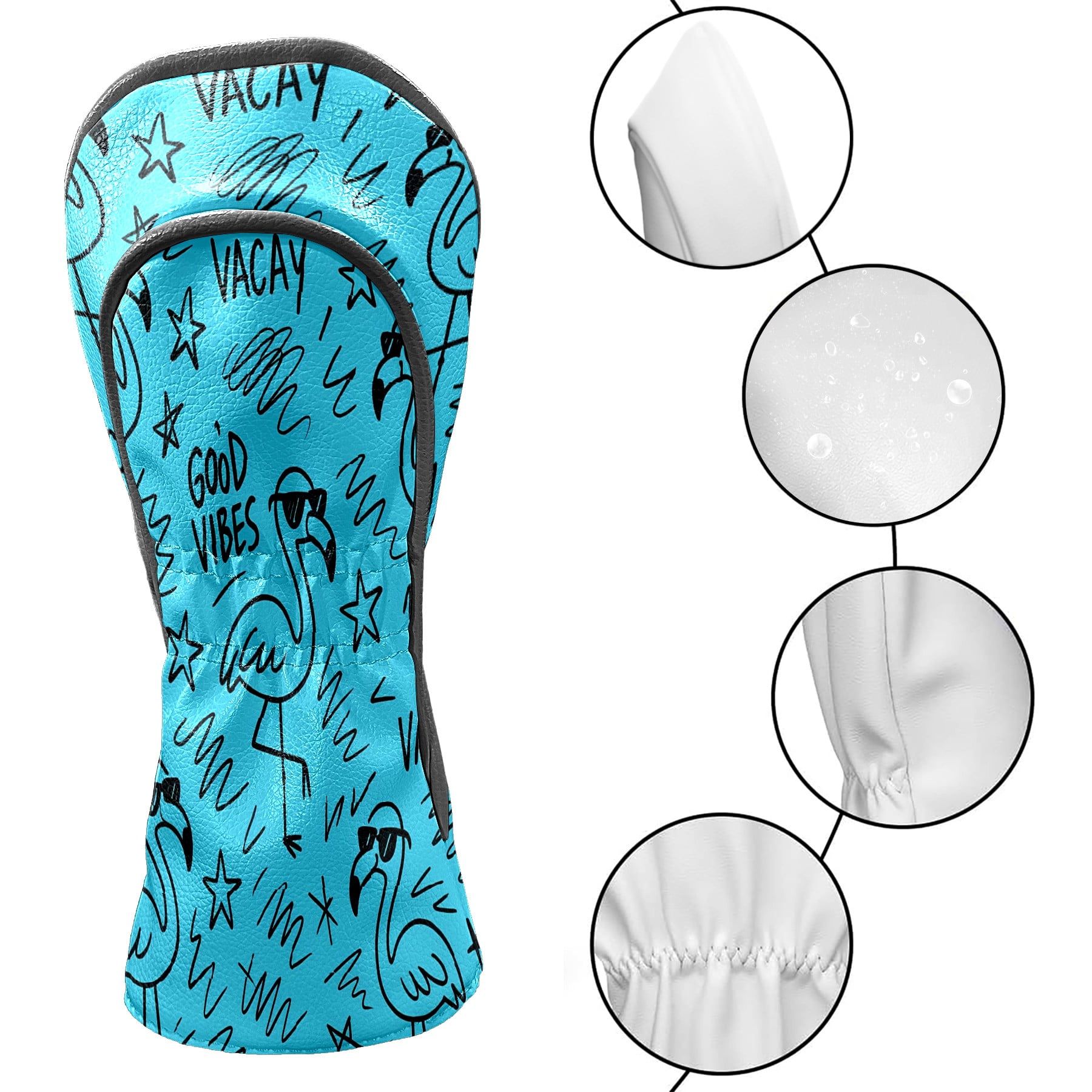 Golf Club Head Covers - Blue Flamingos Vacay Design, Premium PU Leather Driver Hybrid Headcovers with Velvet Lining, Waterproof Golf Gifts for Men Women