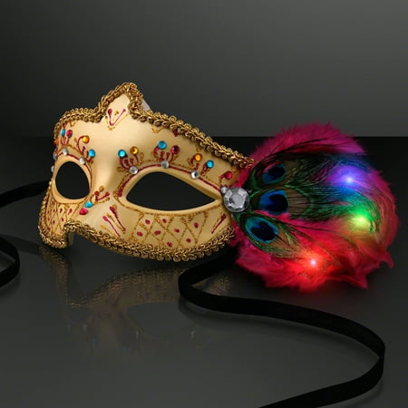 FlashingBlinkyLights Mardi Gras Masquerade Mask with Light Up LED Feathers