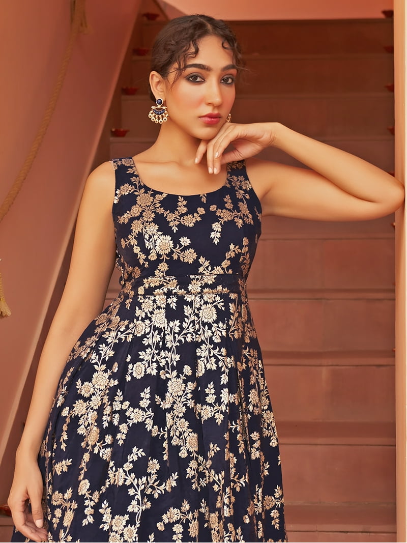 Janasya Women's Navy Blue Brocade Woven Design Flared Dress - Walmart.com