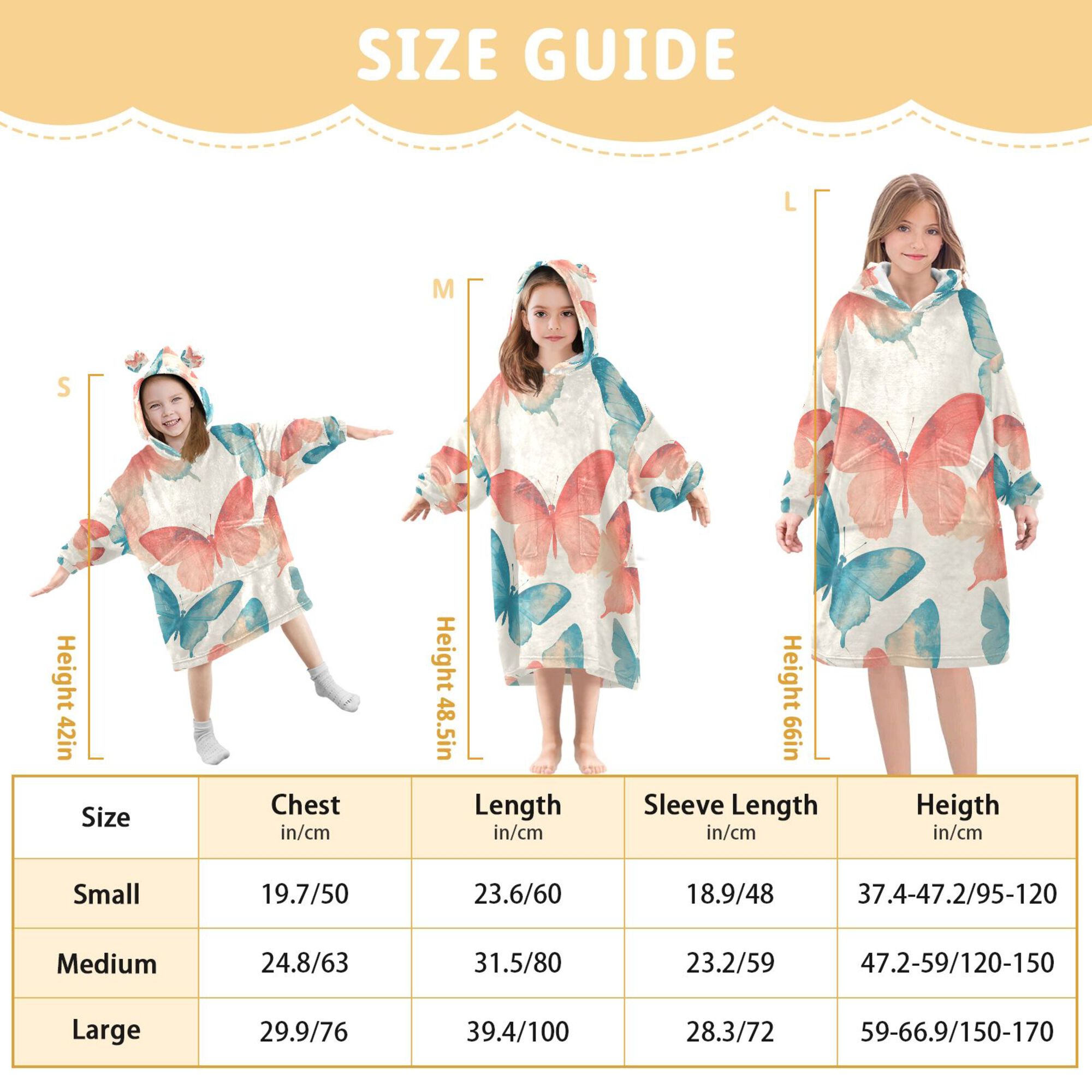 FORMRS Wearable Blanket Hoodie with Sleeves for Kids Cozy Flannel Sweatshirt, Watercolor Butterflies