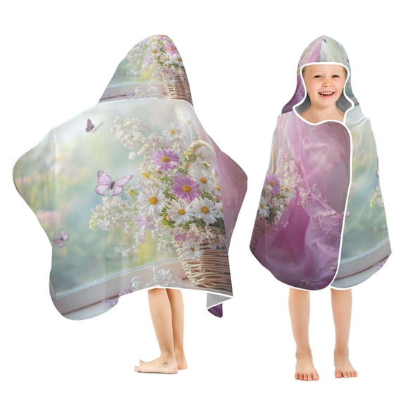BZSMCE Towels Kids Hooded Beach Towel Basket Of_flowers_and_butterfly Pool Bath Towel Soft