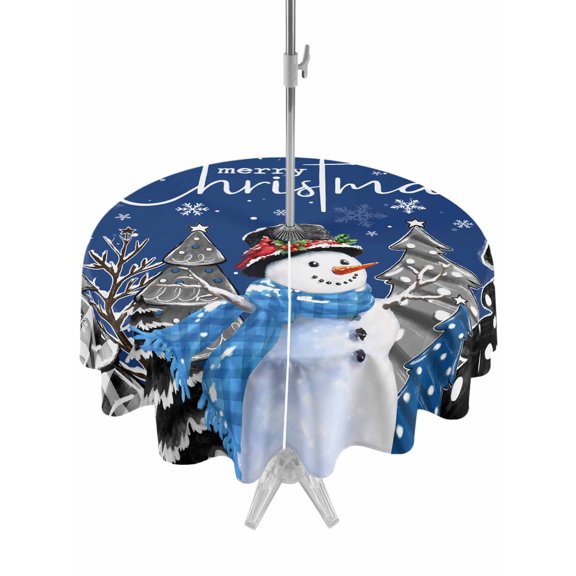 Outdoor Table Cloth with Umbrella Hole and Zipper, Navy Blue Christmas Waterproof Round Tablecloth 54 Inch, Xmas Snowman Tree Black Grey Washable Table Cover for Outside Party Patio Picnic