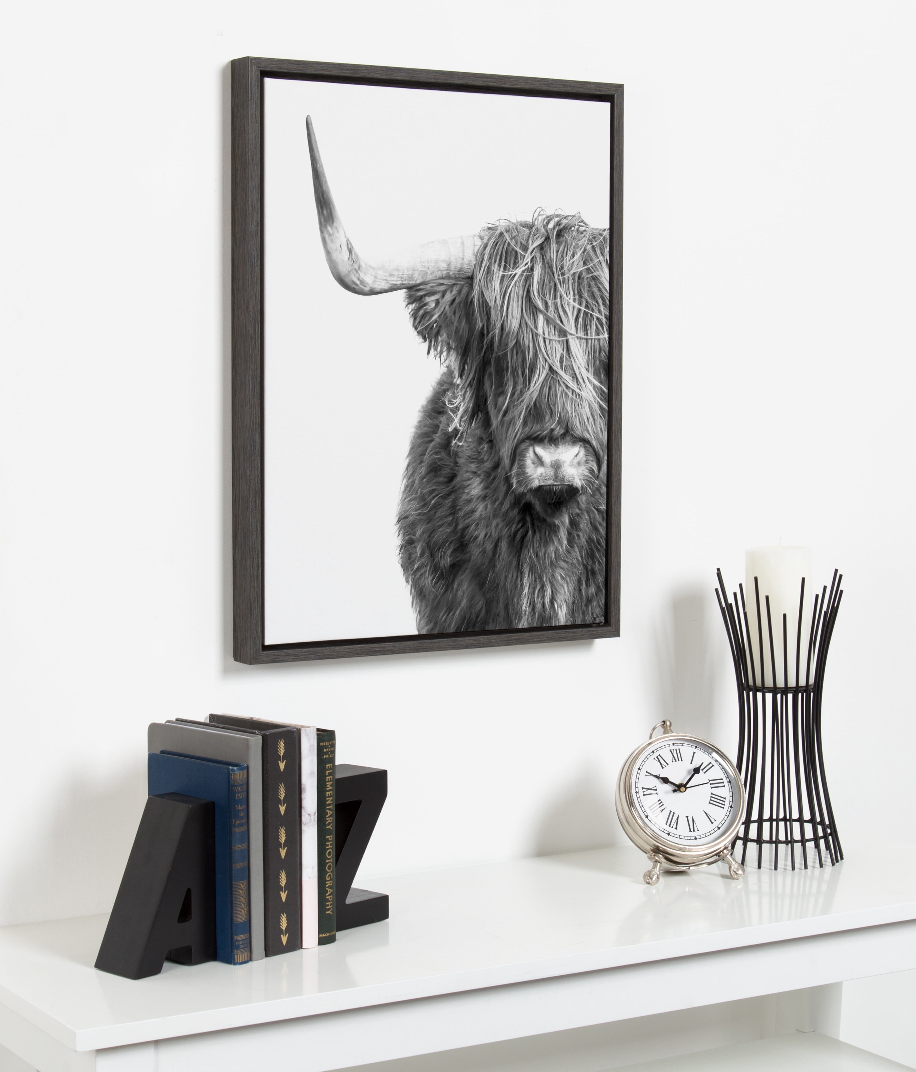 Kate and Laurel Sylvie Highland Cow Black and White Portrait Dark Gray Framed Canvas by Amy Peterson, 18x24 Gray, Adorable Wall Decor for Living Room, Nursery