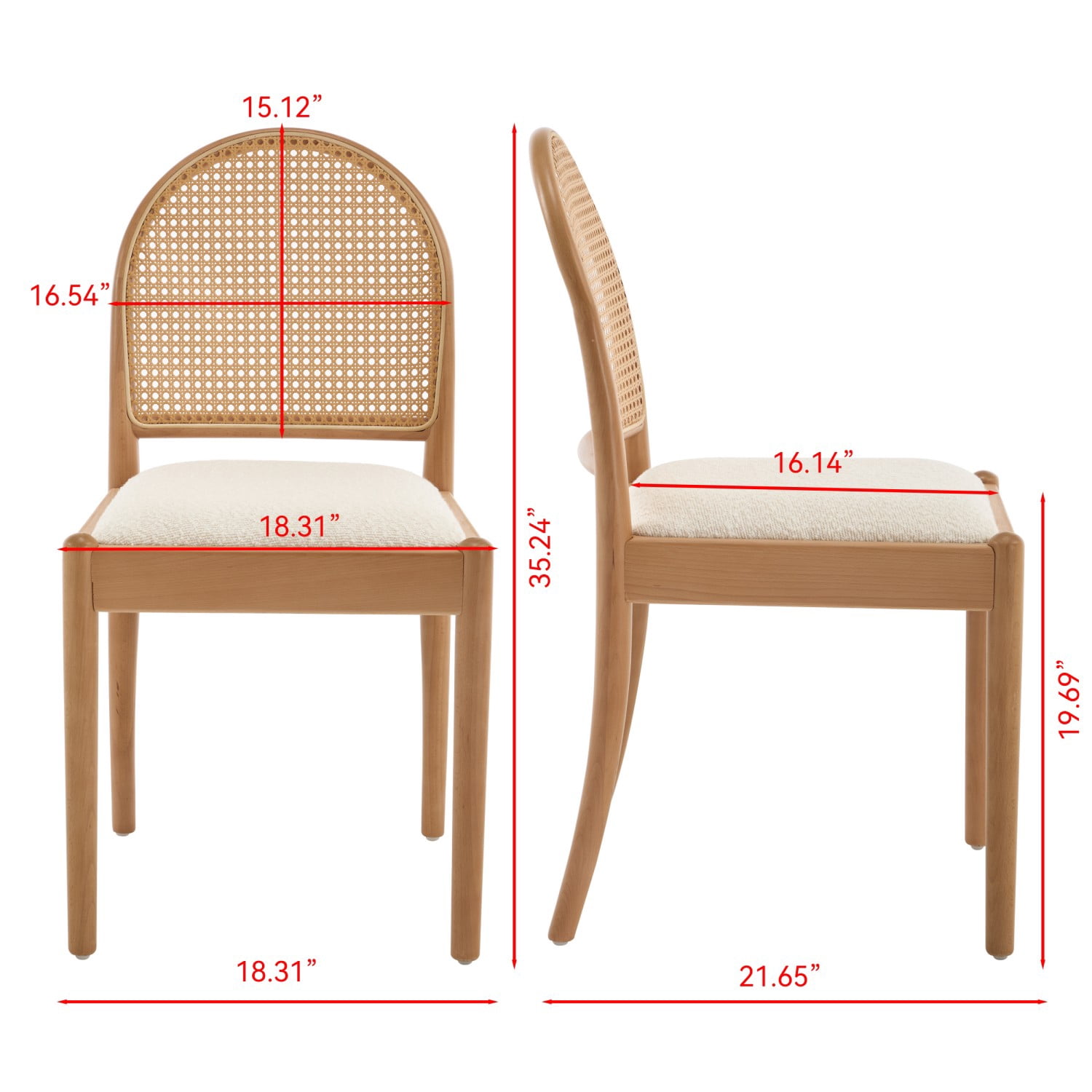 Rattan Dining Chairs Set of 2 Upholstered Linen Dining Room Chairs with Wood Legs & Backrests, Modern Kitchen Side Chairs for Dining Room, Beige