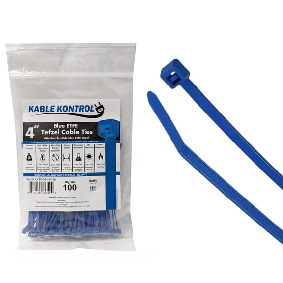 Kable Kontrol ETFE Tefzel Cable Zip Ties - 4" - 18lbs - 100 Pcs Pack - Blue