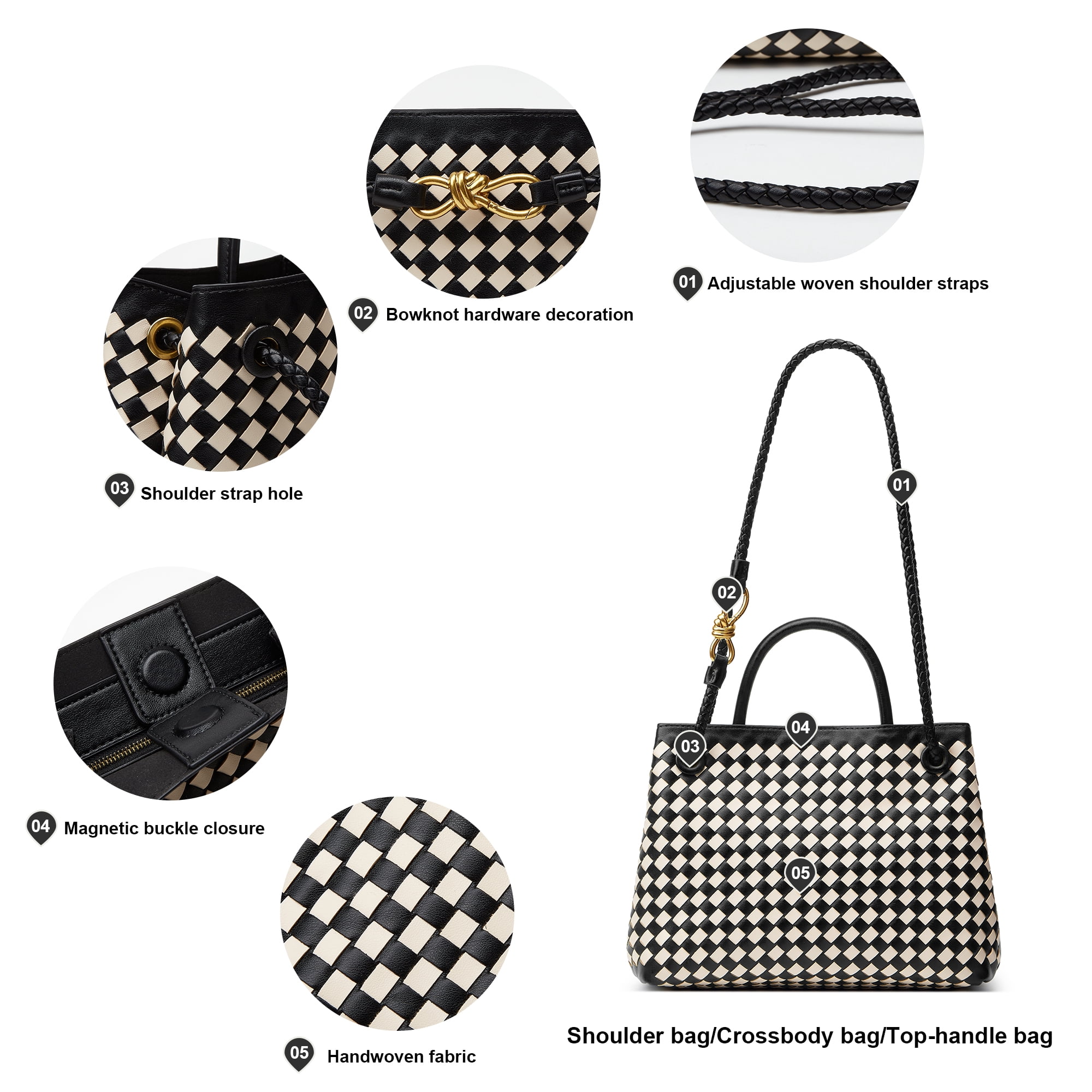 Woven Bags for Women Crossbody Handbag: Vegan Leather Small Tote Purse - Trendy Shoulder Handbags and Purses - Bowknot Satchel Purses (Black+Seashell Color)
