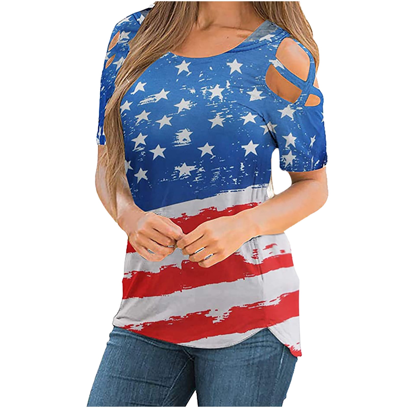 American Flag Shirts for Women Summer Cold Shoulder Short Sleeve ...