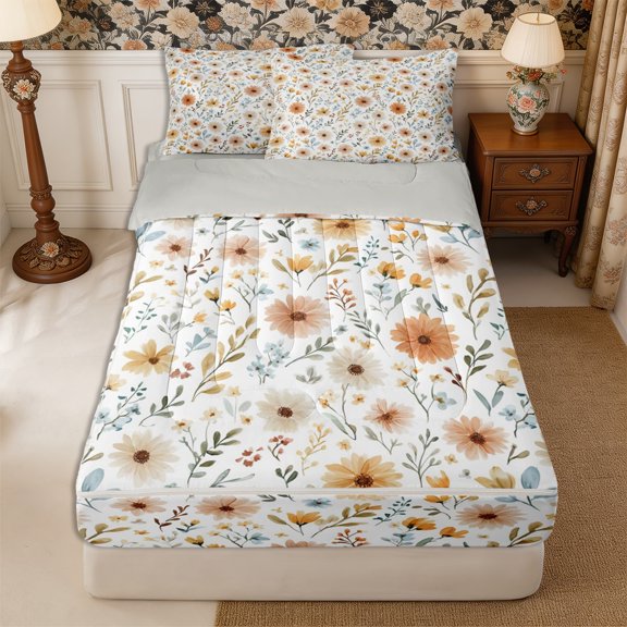Manfei Cottagecore Blossom Zipper Twin Comforter Sets with Fitted Sheet and 2 Pillowcases,Vintage Flowers Leaves Zipper Bedding Set,Reversible