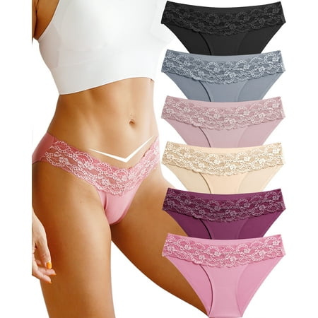 

FINETOO 6 Pack Seamless Underwear for Women Sexy No Show Bikini Panties Lace Ladies High Cut Hipster Invisible Stretch Cheeky S-XL