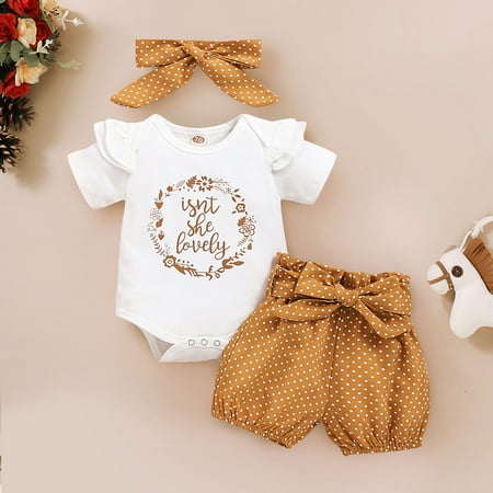 

EHTMSAK Infant Baby Toddler Girl Bodysuit and Shorts Set Outfits Summer Clothing Set Letter Print Short Sleeve with Headband White 3M-18M 100