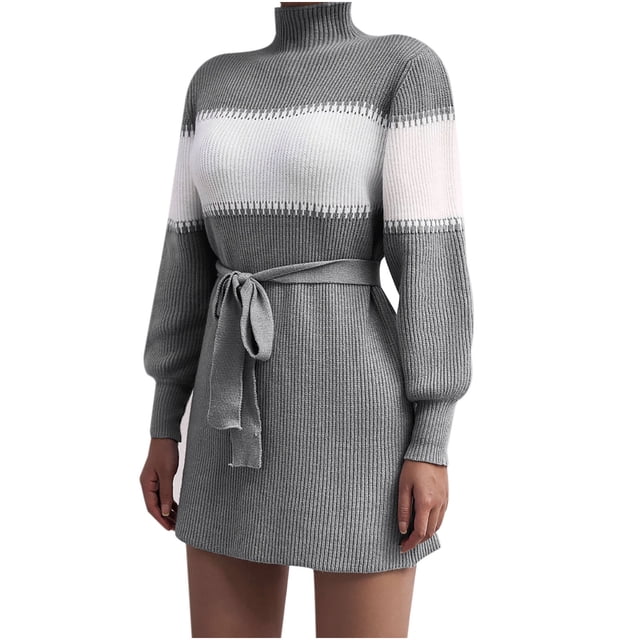 Bigersell Robe de Soirée Femme Manches Courtes Décontractée Ample Rayée Robe Chandail Tricotée Robe Boutonnée pour Femme Robes Plus Faux-Wrap, Style 28792, Gris P