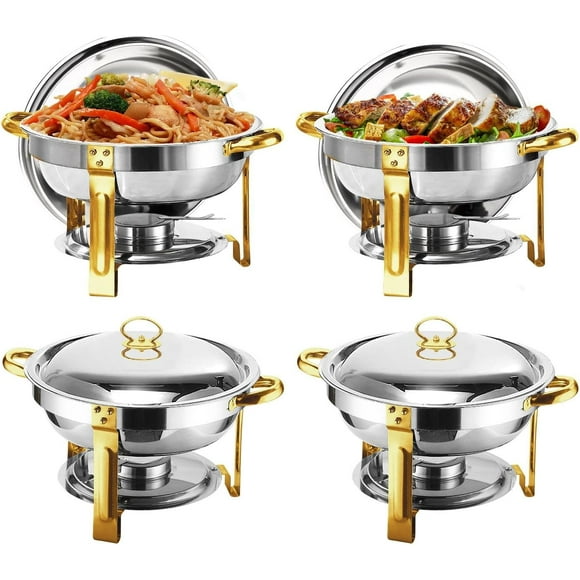 Chafing Dish Buffet Set, Stainless Steel Round 4.8QT Chafing Dishes with Lid, 4 Pieces Buffet Servers and Warmers, Gold Plated Catering Equipment, for Events, Banquet
