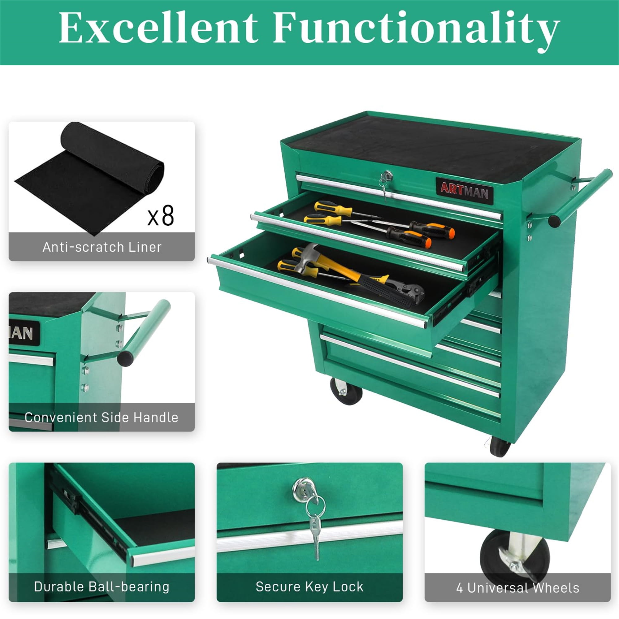Aukfa Tool Chest, 24.5 in 7-Drawer Steel Rolling Tool Box on Wheels for Workshop Garage, Green