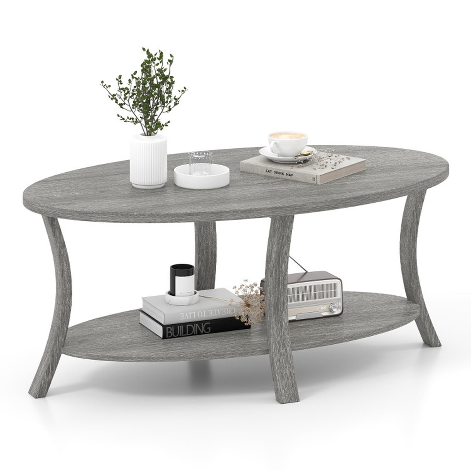 Furnibear Oval Coffee Table 2-Tier Center Table with Storage Shelf - Gray - Living Room Cocktail Center Table