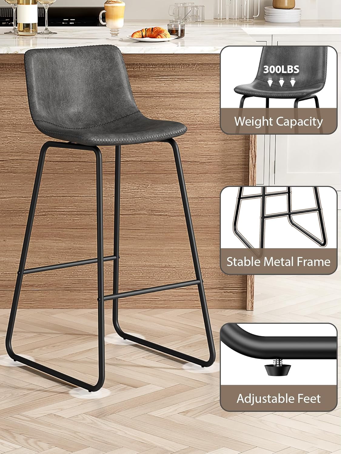 LainTene 30" Bar Stools Set of 2 – Faux Leather Counter Height Stools with Backrest & Footrest, Heavy-Duty Metal Frame for Kitchen, Bar, Living Room, Gray