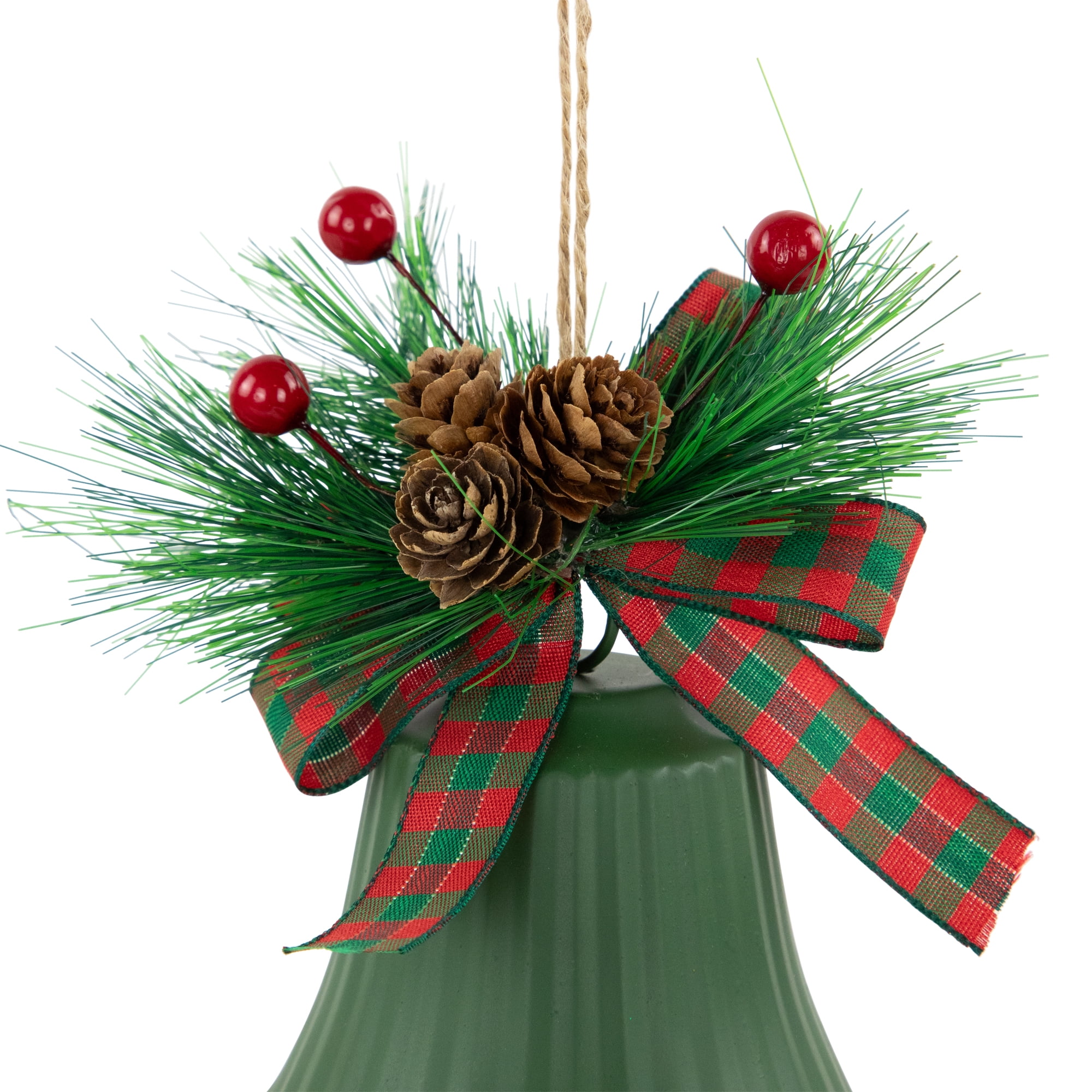 Northlight Christmas Bells with Pinecones and Plaid Bow Ornaments - 7" - Green - Set of 2