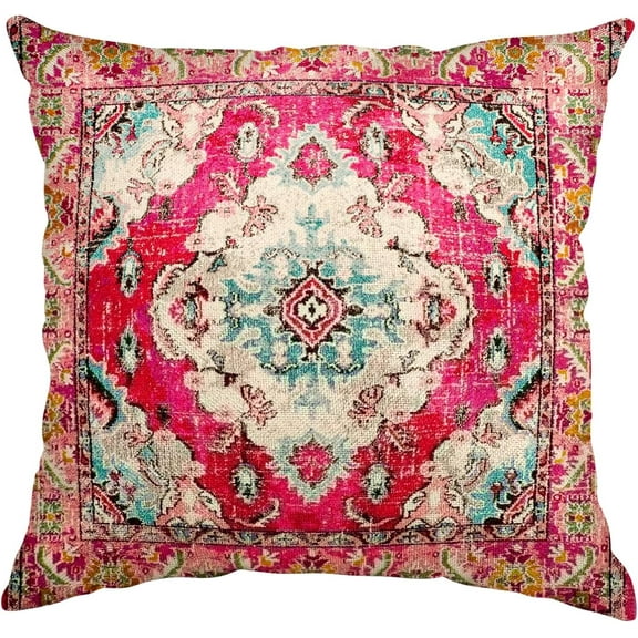Throw Pillow Cover 18"x18" Boho, Vintage Persian Pillow Cover Ethnic Decorative Pillow Cases Home Outdoor Square Pink Blue Pillowcase for Bed Sofa Couch