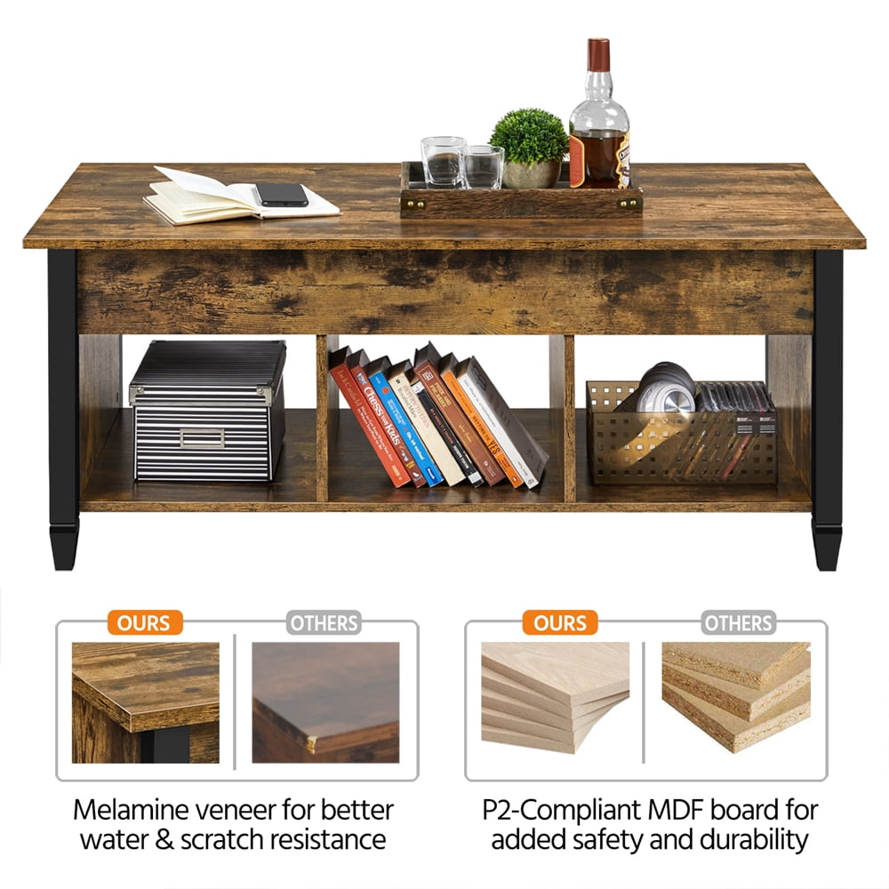 Alden Design 47.5" Lift Top Coffee Table with 3 Storage Compartments, Rustic Brown