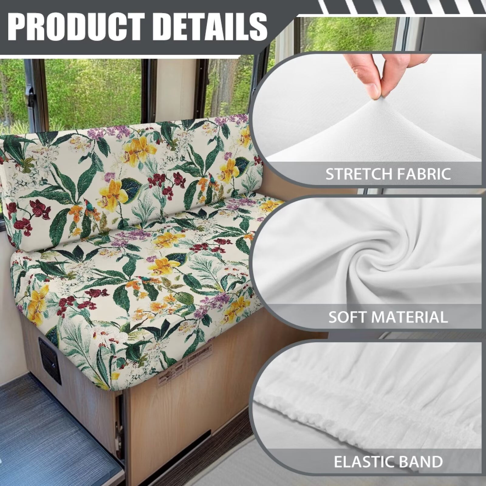 Boatee Beautiful Flowers RV Dinette Cushion Covers Daisy RV Accessories Universal Cushion Covers for Couches and Sofas Loveseat Sofa Chair Cover Furniture Protector Camper Must Haves White