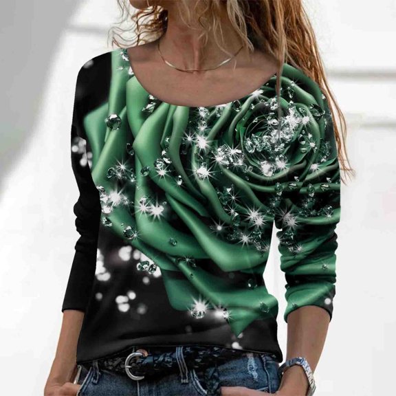 Floleo Clearance Womens Tops Long Sleeve Shirts Fall Clearance Fashion Woman Long Sleeve Round Neck Printing Blouse Autumn Causal Pullover Tops Blue