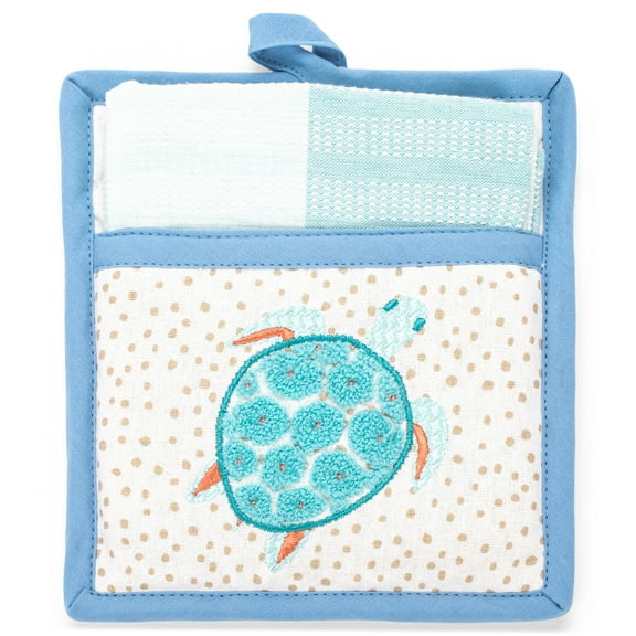Soft Blue Sea Turtle 9 x 8 9Decorative Pot Holder Hand Towel Gift Set