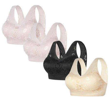 REORIAFEE Bras for Women Wireless 4PC Gathered Together No Wire Bras Floral Brassiere Breathable Wide Strap Comfy Corset Underwear Classic Comfortable Support Lingerie Yellow L
