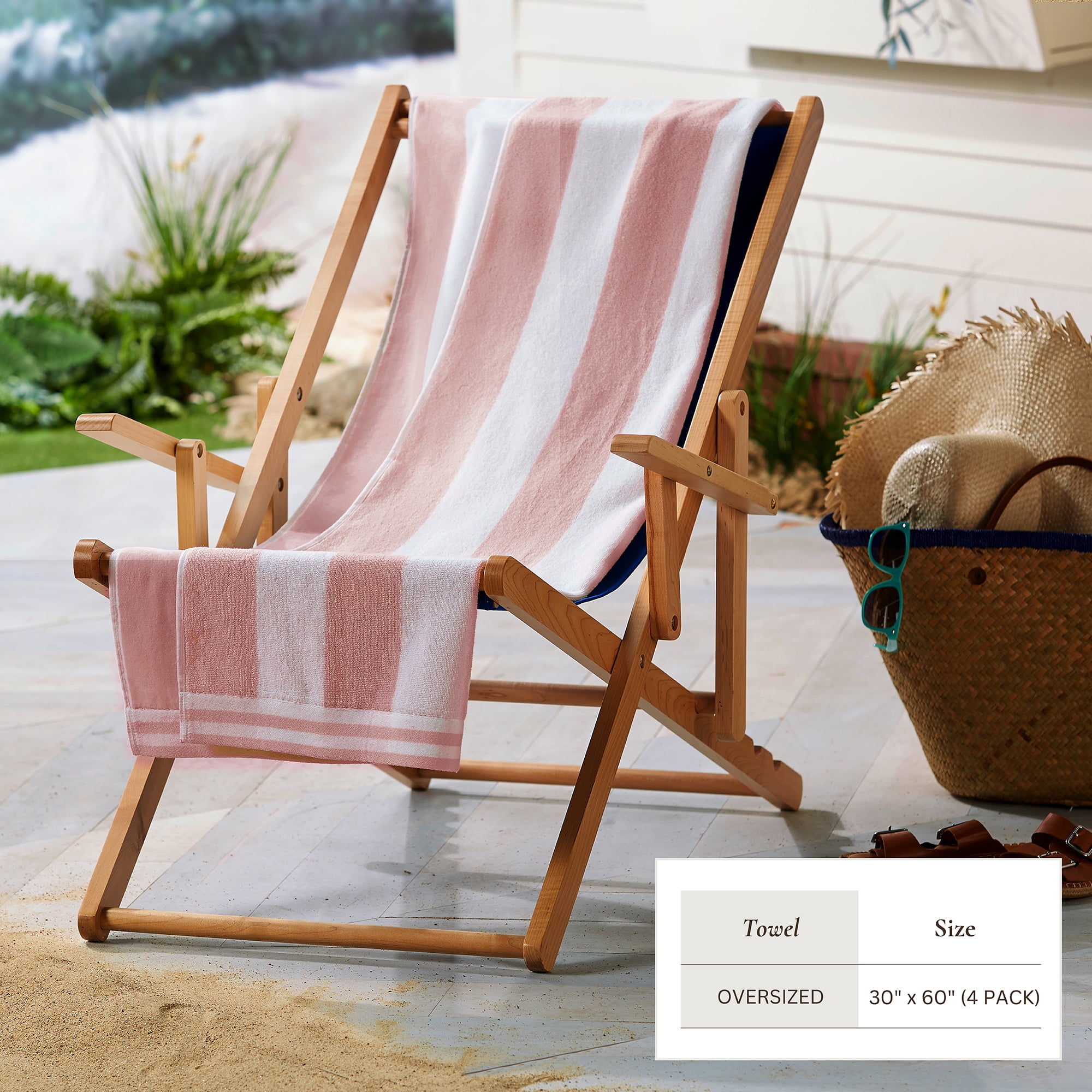100% Cotton Cabana Stripe 4 Pack Beach & Pool Towels (4 Pack- 30" x 60", Dusty Rose / White)