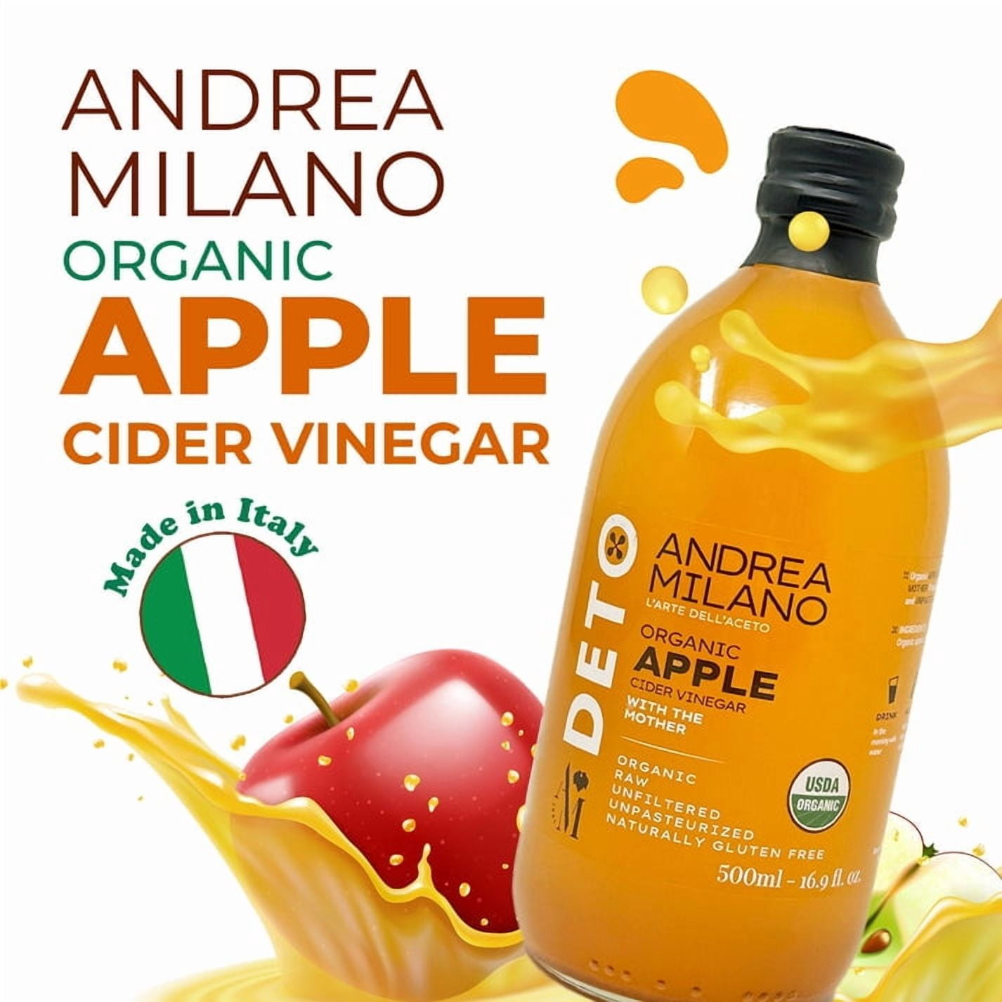 Andrea Milano Organic Apple Cider Vinegar, 3 Bottles – Non-GMO, Vegan, Bulk, Glass Bottle